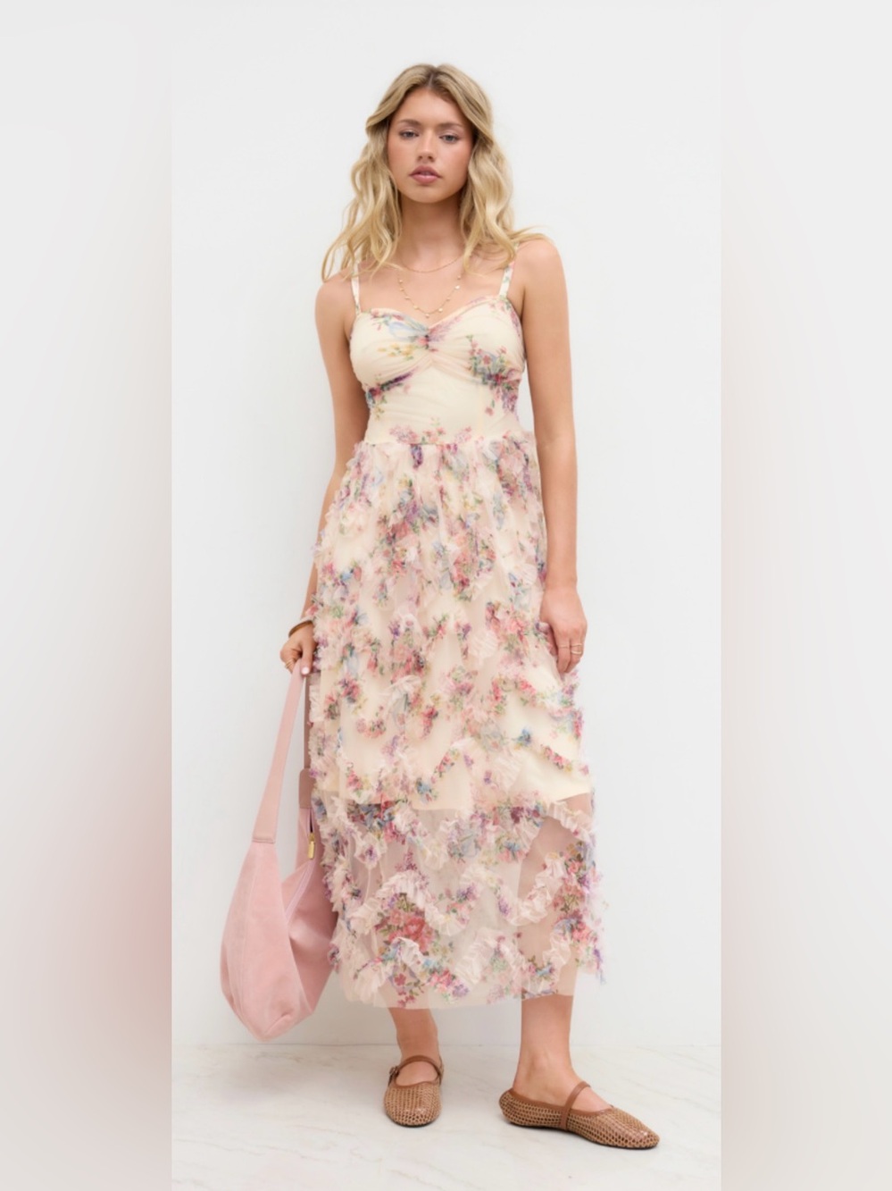 Floral Lace-Trim Maxi Dress in Blush Pink